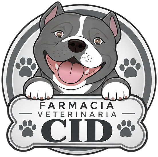 Logotipo de Farmacia Veterinaria CID: un bulldog sonriente asomado sobre un hueso